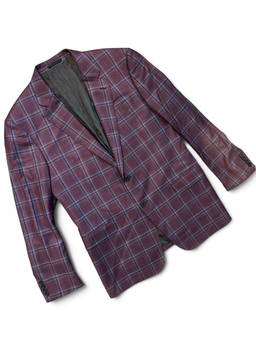 Vintage Armani Collezioni Burgundy/Blue Plaid 2-Button Virgin Wool Suit 42 R
